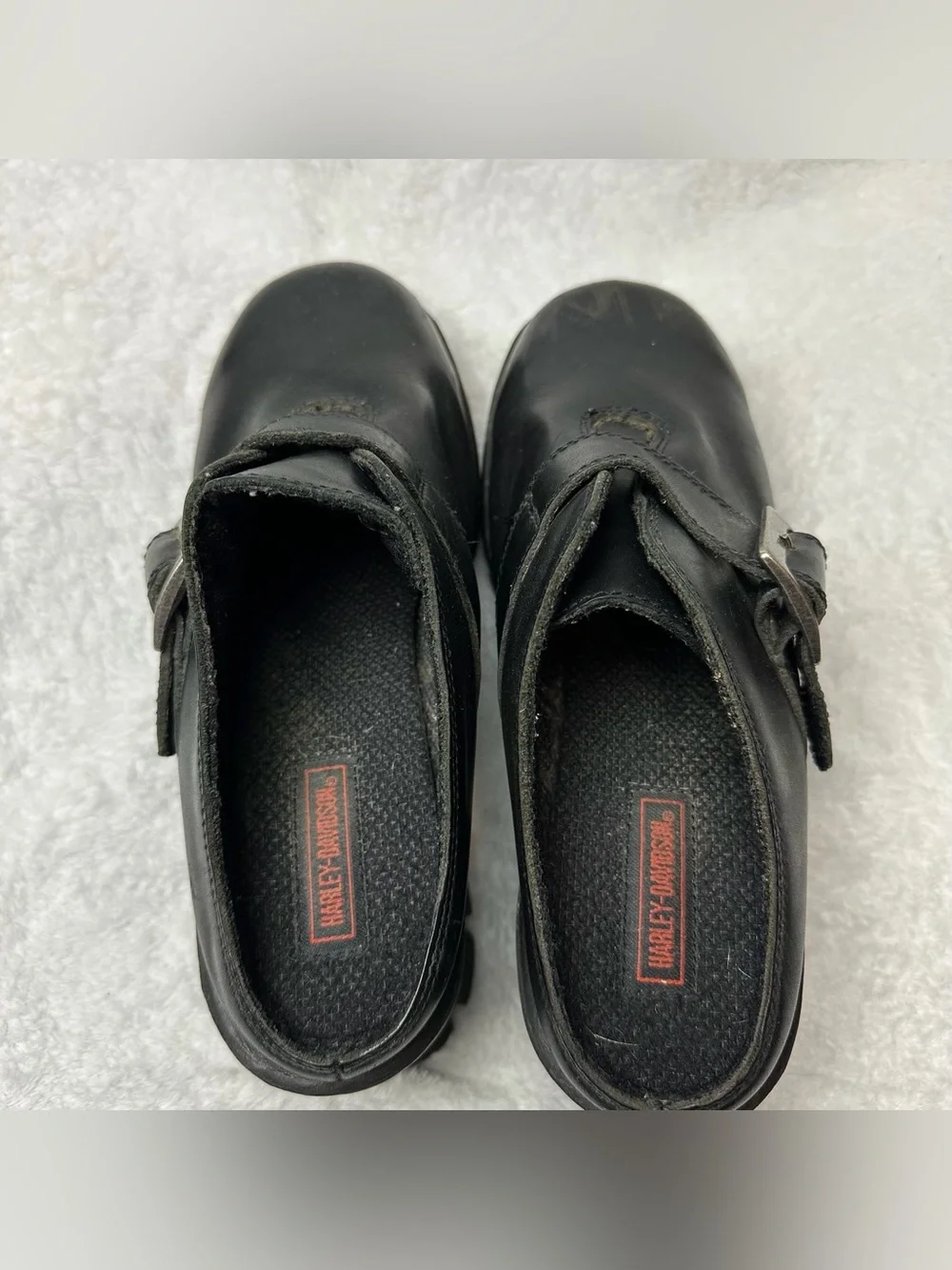 Harley-Davidson Black Leather Platform Clogs Mules Lug Sole Women’s Size 9